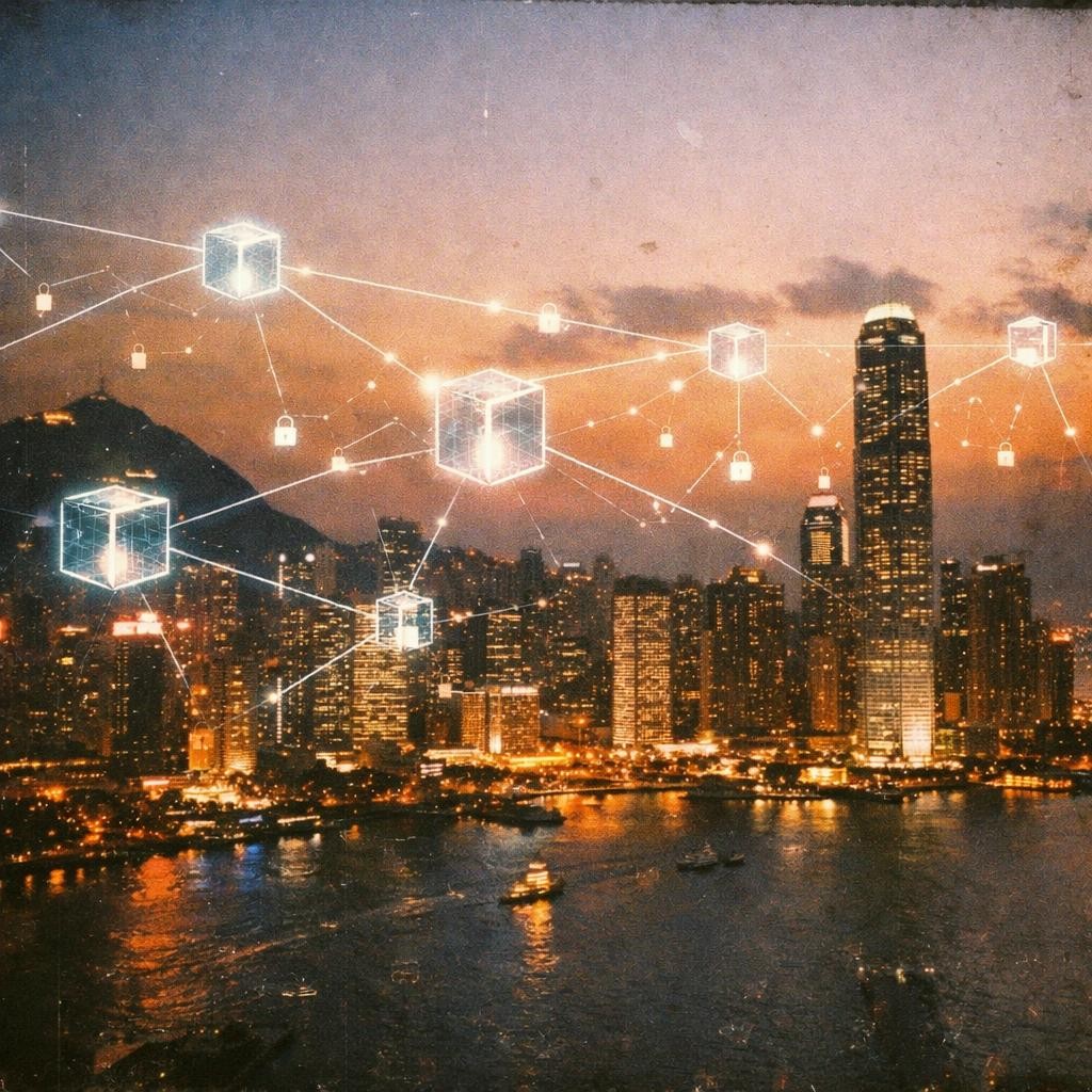 City skyline at dusk with digital blockchain cubes and lock icons connected by lines