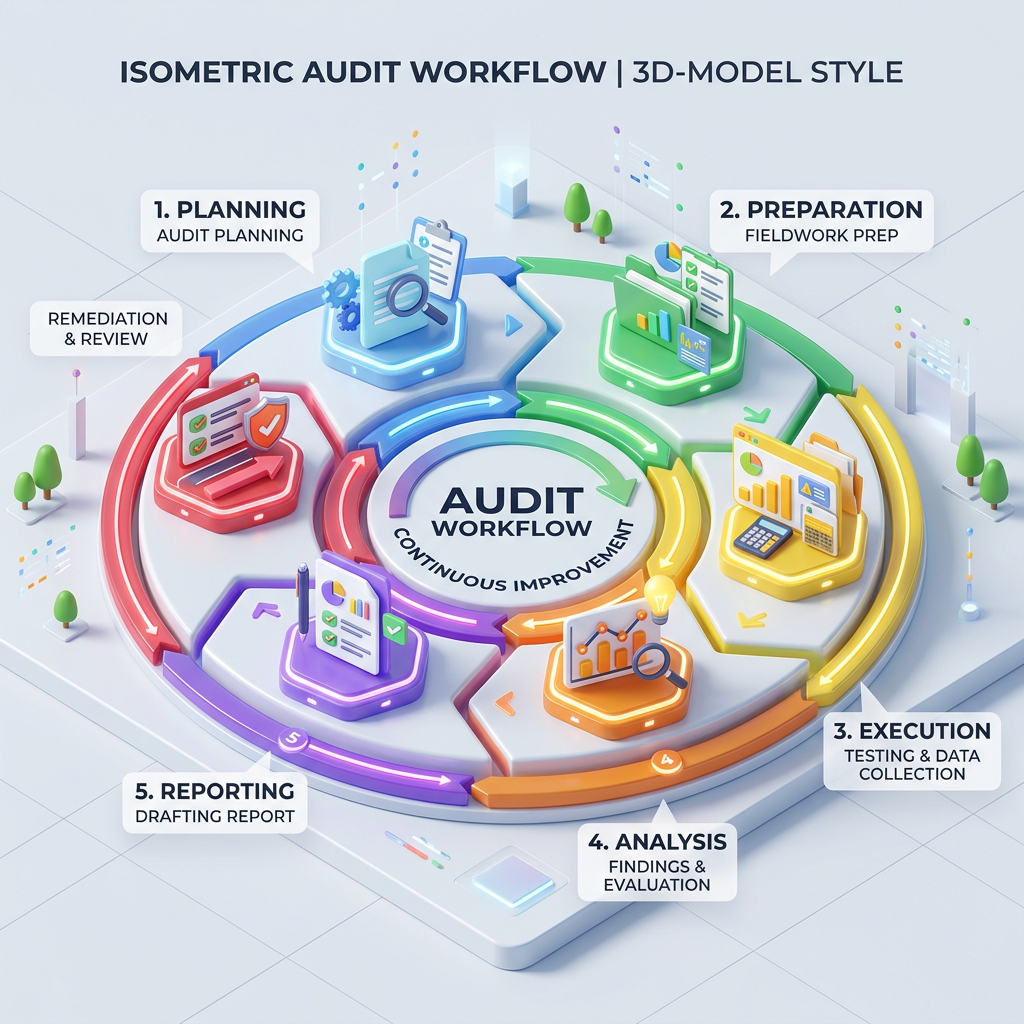 Isometric 3D diagram showing audit workflow steps: planning, preparation, execution, analysis, reporting, remediation and review.