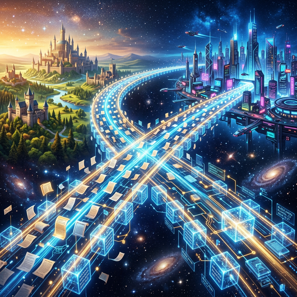 Digital data streams flowing between medieval castle and futuristic city in outer space