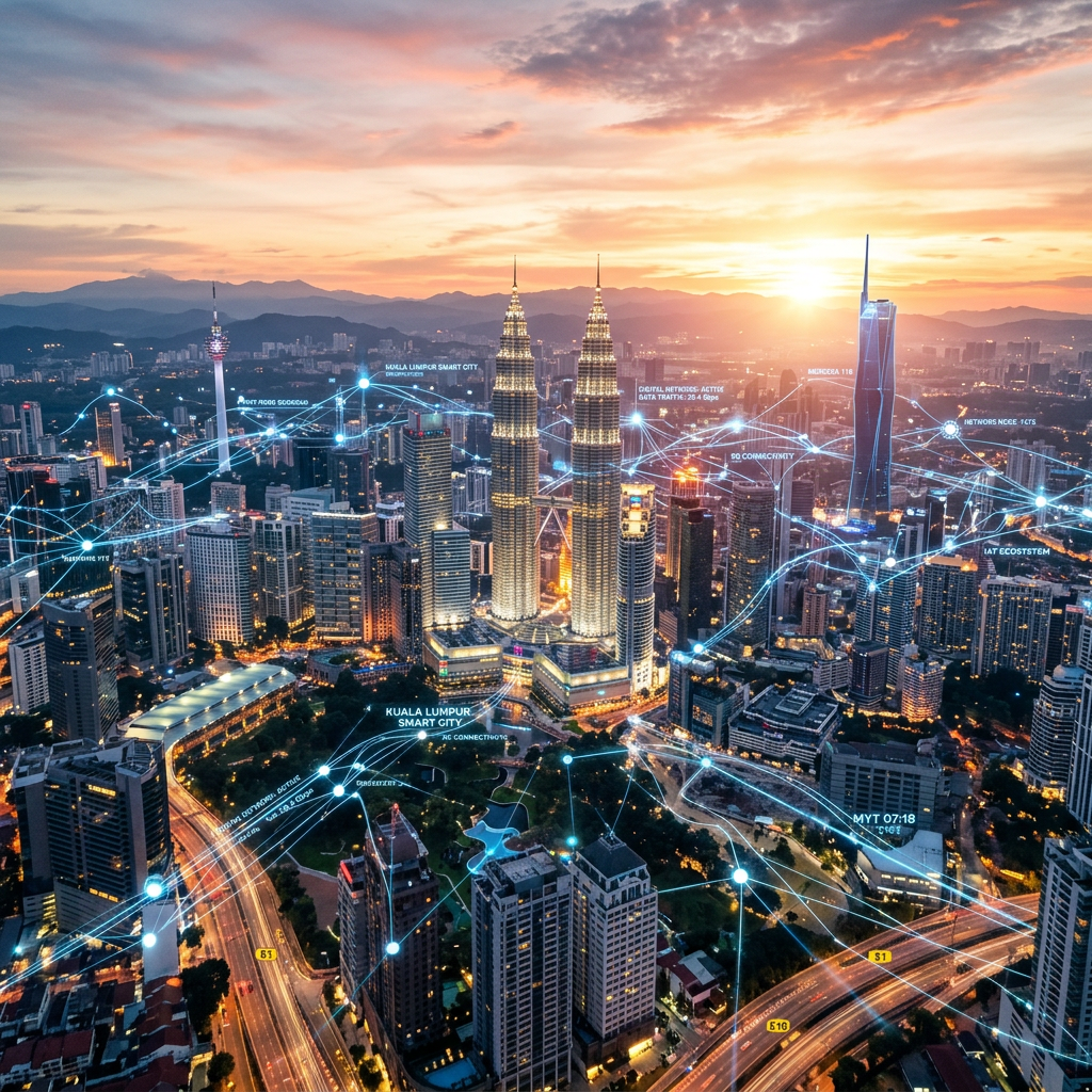 Kuala Lumpur cityscape with digital lines and nodes representing smart city network