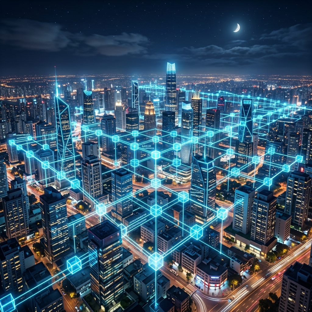 Night city skyline with illuminated digital network grid overlay