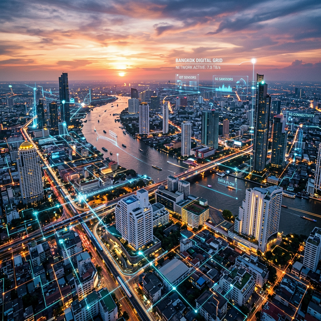 Aerial cityscape of Bangkok with digital lines and text showing IoT sensors, 5G connectivity, and data flow