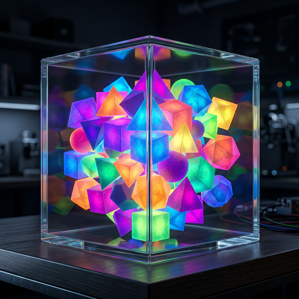 Colorful illuminated geometric shapes including spheres, cubes, and pyramids inside a clear cube